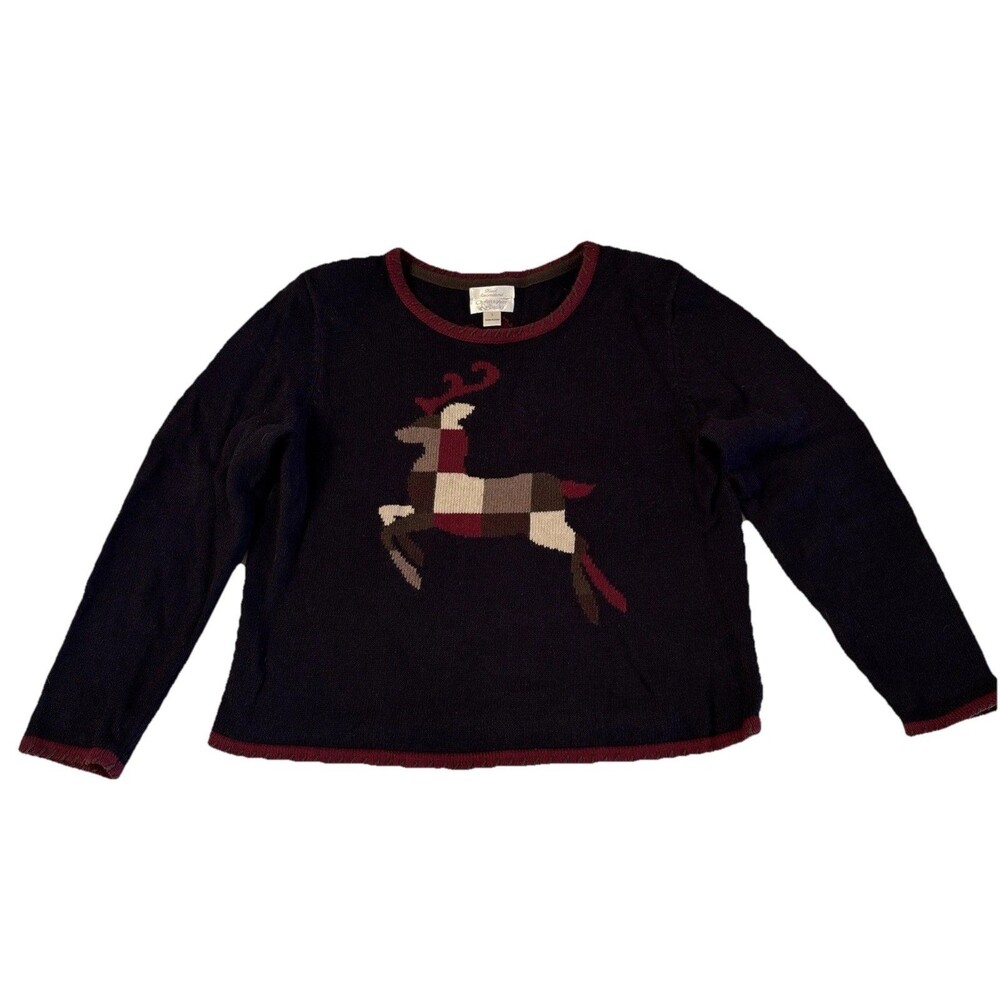 Ladies Vintage Christopher & Banks Navy W/Plaid Reindeer LS Sweater Size L